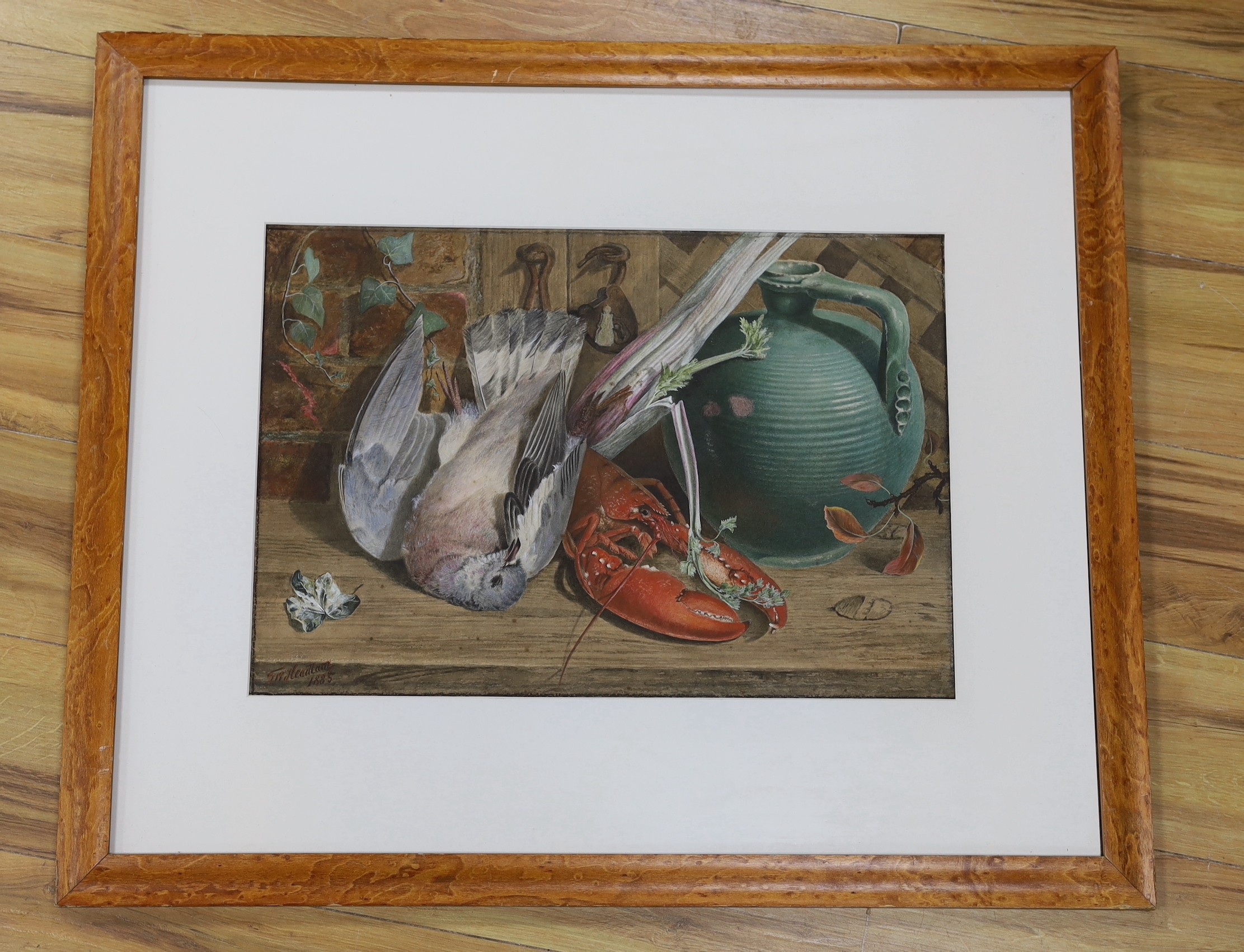 T.W. Headlam, watercolour, Still life of a dead pigeon, lobster and vase, signed and dated 1885, ESK stamp, 38 x 54cm